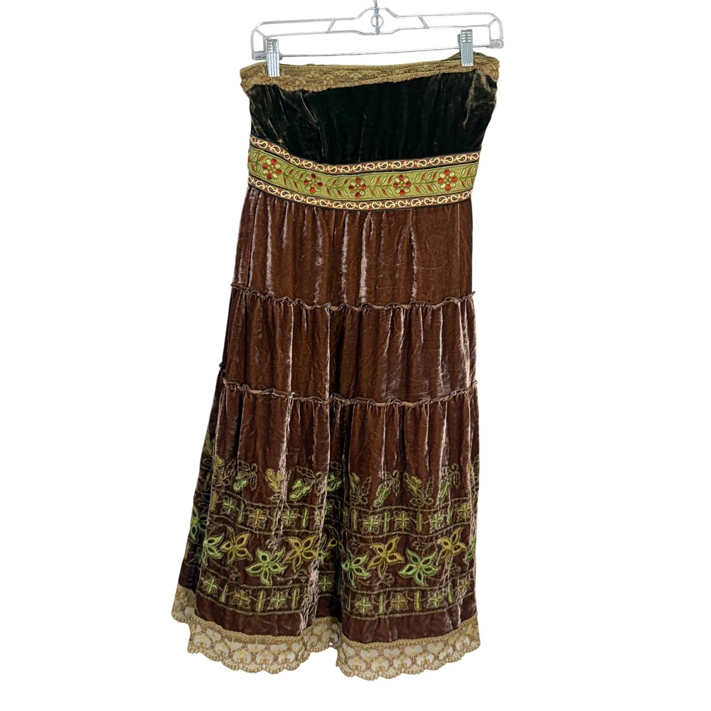 Cynthia Steffe Brown Velvet Silk Blend Strapless Tiered Embroidered Dress Size 6